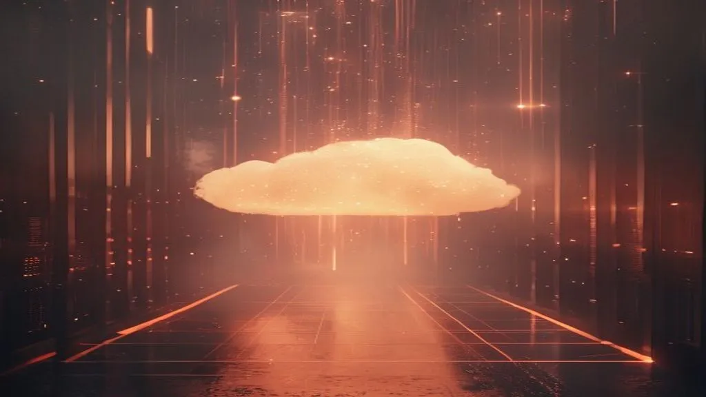 A glowing cloud of warm light hovering in a corridor of rising data streams