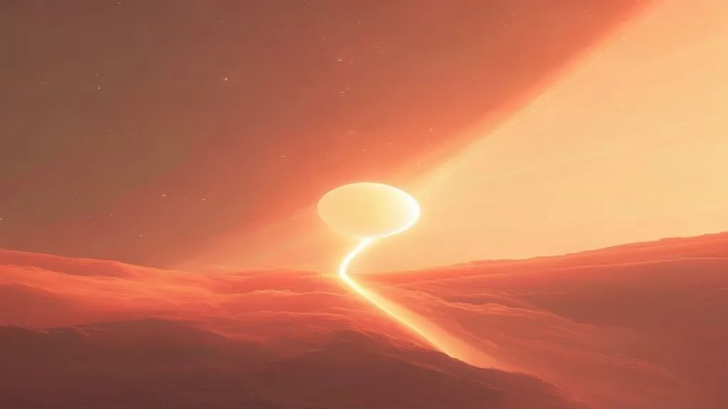 A bright orb of light ascending a glowing path toward a warm horizon