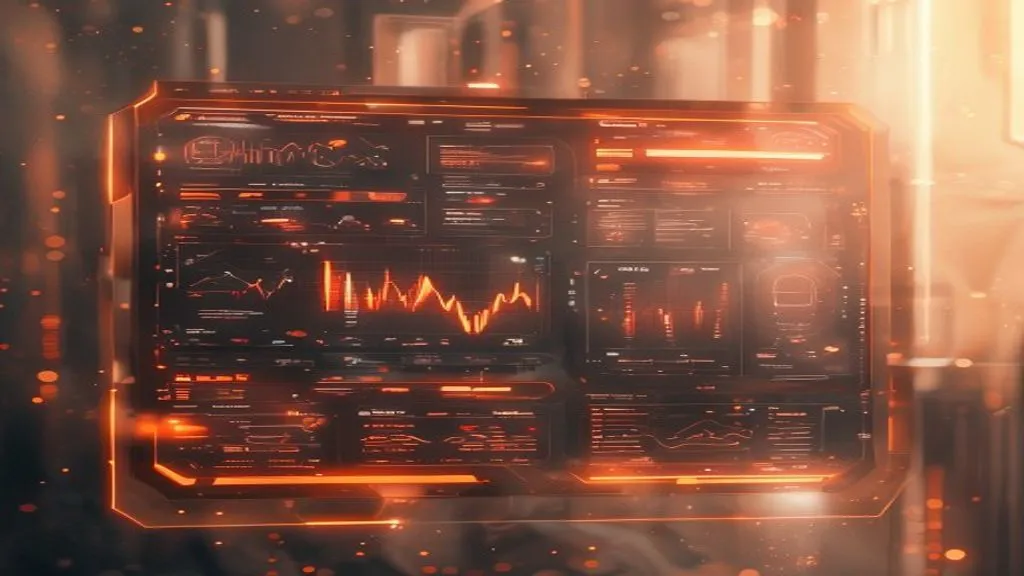 A floating holographic dashboard with glowing warm charts and panels